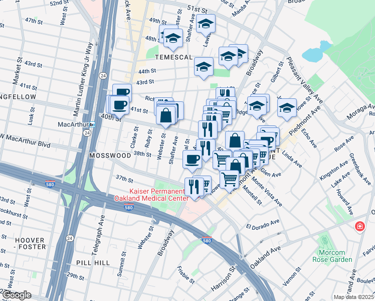 map of restaurants, bars, coffee shops, grocery stores, and more near 3834 Opal Street in Oakland