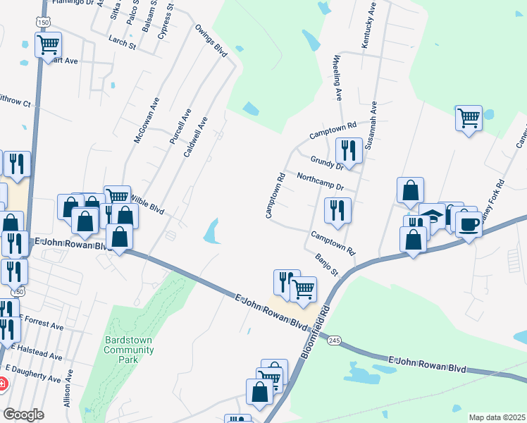 map of restaurants, bars, coffee shops, grocery stores, and more near 324 Camptown Road in Bardstown
