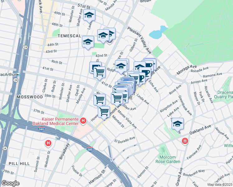 map of restaurants, bars, coffee shops, grocery stores, and more near 4099 Howe Street in Oakland