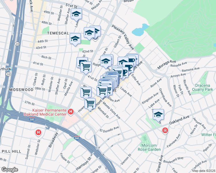 map of restaurants, bars, coffee shops, grocery stores, and more near 4114 Howe Street in Oakland