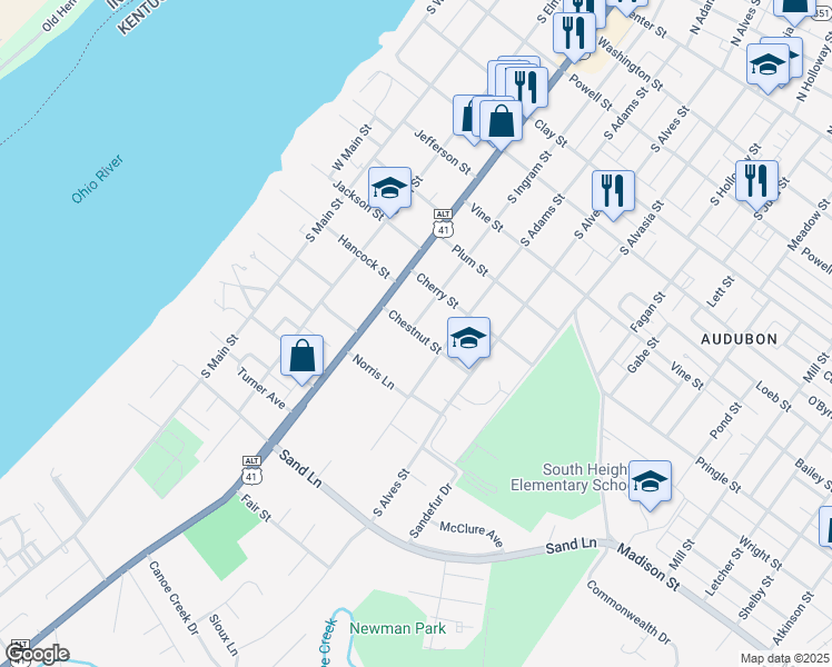 map of restaurants, bars, coffee shops, grocery stores, and more near 536 Chestnut Street in Henderson