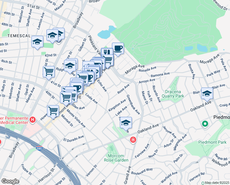 map of restaurants, bars, coffee shops, grocery stores, and more near 999 Rose Avenue in Oakland