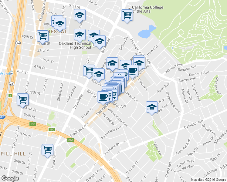 map of restaurants, bars, coffee shops, grocery stores, and more near in Oakland