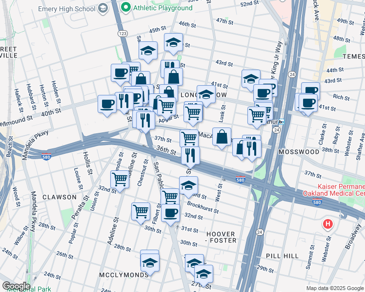 map of restaurants, bars, coffee shops, grocery stores, and more near 911 37th Street in Oakland