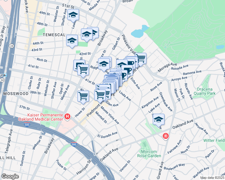 map of restaurants, bars, coffee shops, grocery stores, and more near 4141 Piedmont Avenue in Oakland
