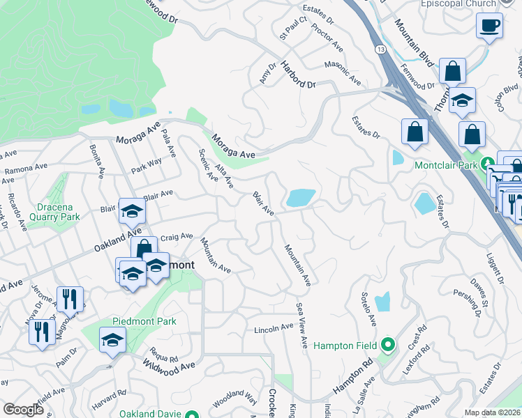 map of restaurants, bars, coffee shops, grocery stores, and more near 672 Blair Avenue in Piedmont