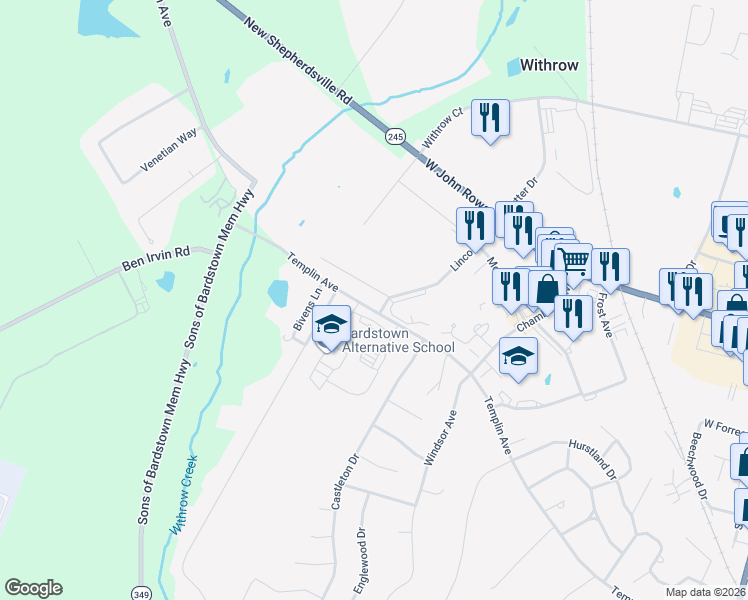 map of restaurants, bars, coffee shops, grocery stores, and more near 1142 Templin Avenue in Bardstown