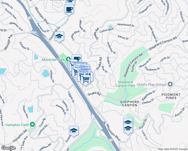 map of restaurants, bars, coffee shops, grocery stores, and more near 5837 Snake Road in Oakland
