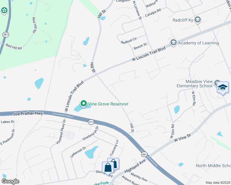map of restaurants, bars, coffee shops, grocery stores, and more near 3551 Hill Street in Radcliff