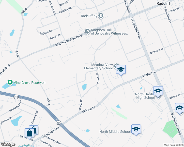 map of restaurants, bars, coffee shops, grocery stores, and more near 101 Anderson Court in Radcliff
