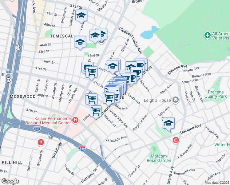map of restaurants, bars, coffee shops, grocery stores, and more near 4120 Howe Street in Oakland