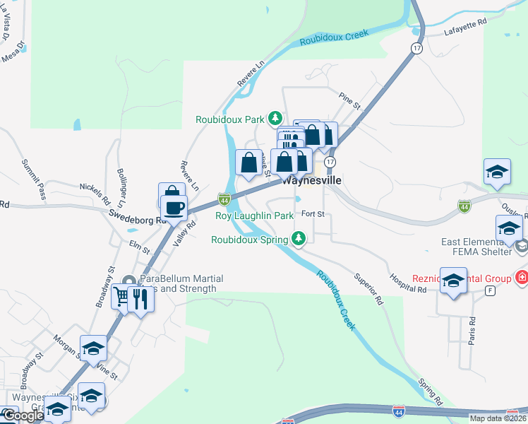 map of restaurants, bars, coffee shops, grocery stores, and more near 124 Bluff Circle in Waynesville
