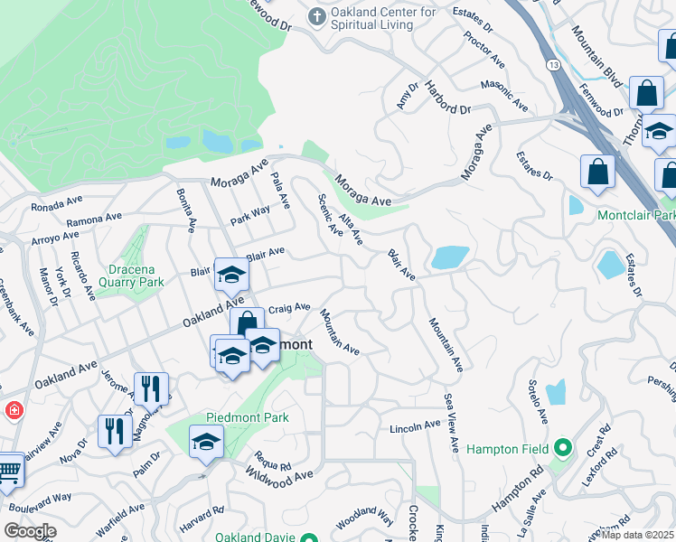 map of restaurants, bars, coffee shops, grocery stores, and more near 7 Scenic Avenue in Piedmont