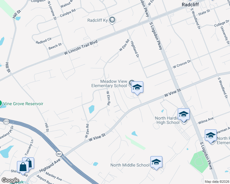 map of restaurants, bars, coffee shops, grocery stores, and more near 117 Academy Lane in Radcliff