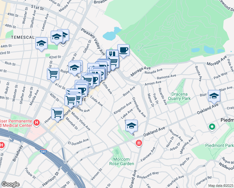 map of restaurants, bars, coffee shops, grocery stores, and more near 999 Rose Avenue in Oakland