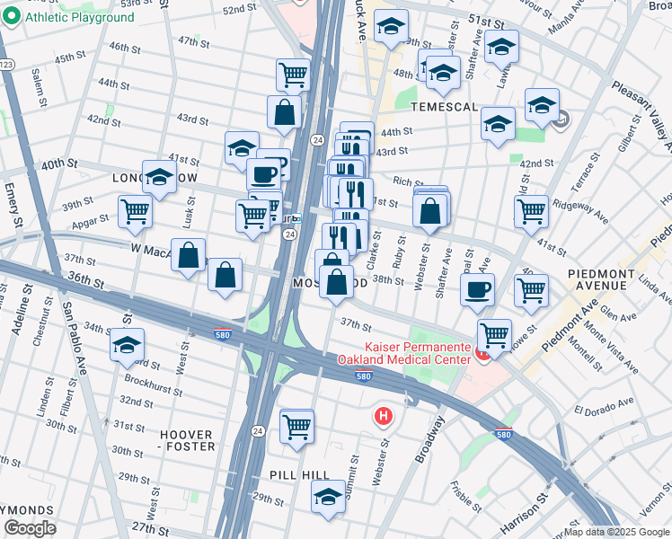 map of restaurants, bars, coffee shops, grocery stores, and more near in Oakland