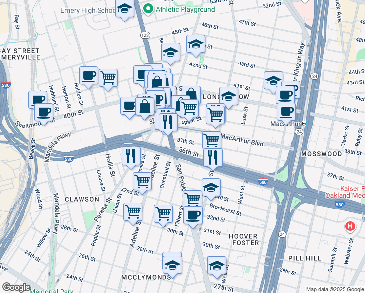 map of restaurants, bars, coffee shops, grocery stores, and more near 3600 San Pablo Avenue in Emeryville