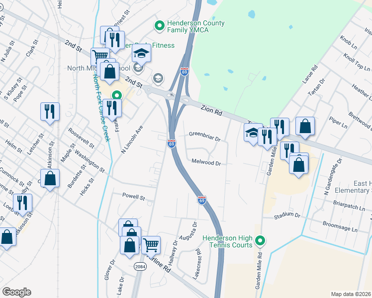 map of restaurants, bars, coffee shops, grocery stores, and more near 2227 Melwood Drive in Henderson