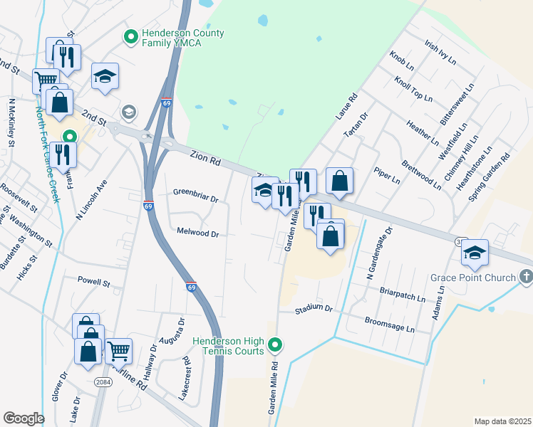 map of restaurants, bars, coffee shops, grocery stores, and more near 2424 Zion Road in Henderson