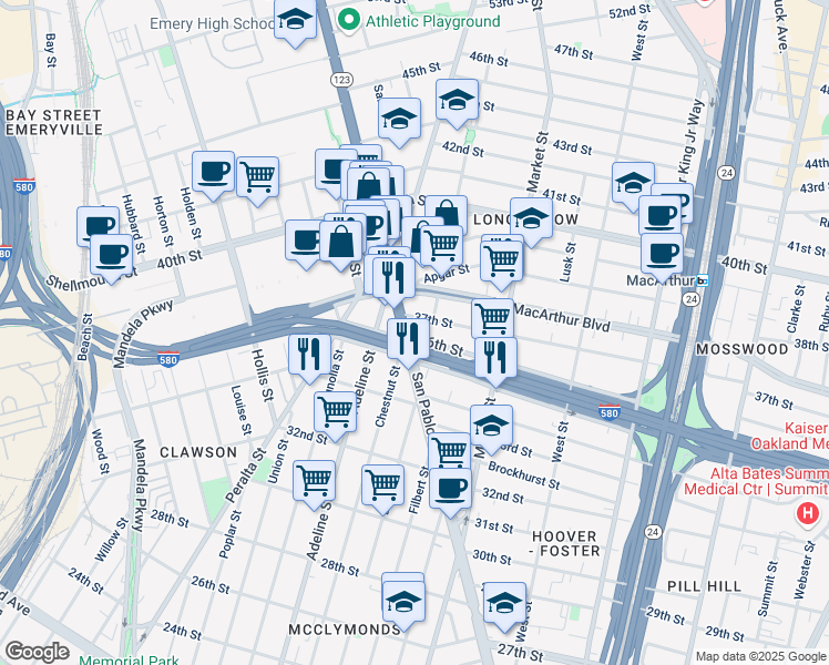map of restaurants, bars, coffee shops, grocery stores, and more near 3600 San Pablo Avenue in Emeryville