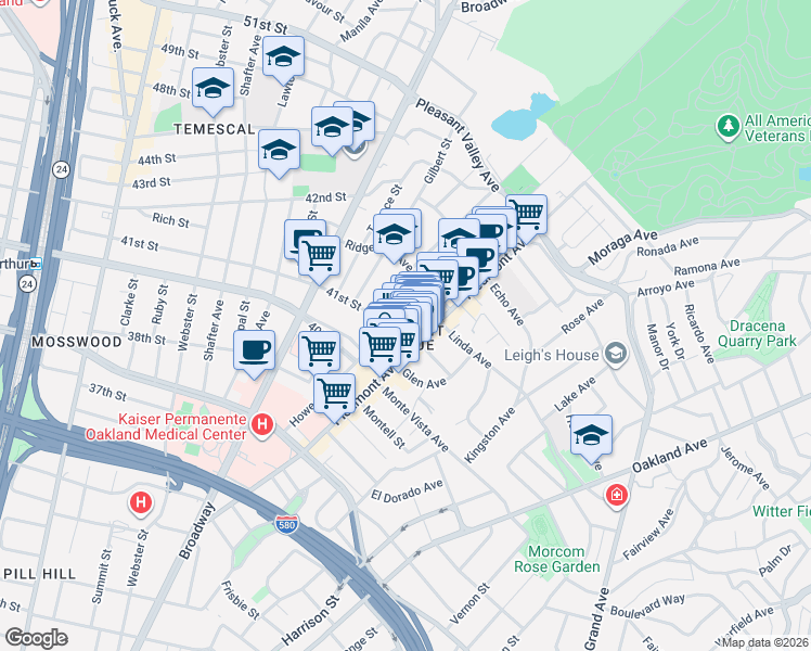 map of restaurants, bars, coffee shops, grocery stores, and more near 4132 Howe Street in Oakland
