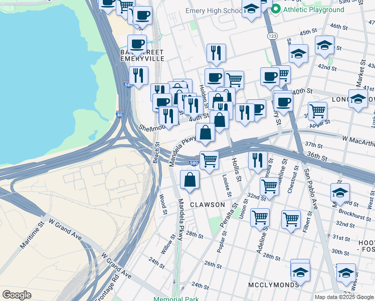map of restaurants, bars, coffee shops, grocery stores, and more near 3650 Mandela Parkway in Oakland