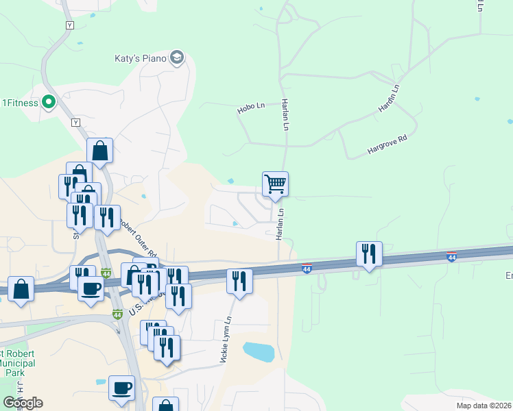 map of restaurants, bars, coffee shops, grocery stores, and more near 16103 Honeycomb Road in Saint Robert