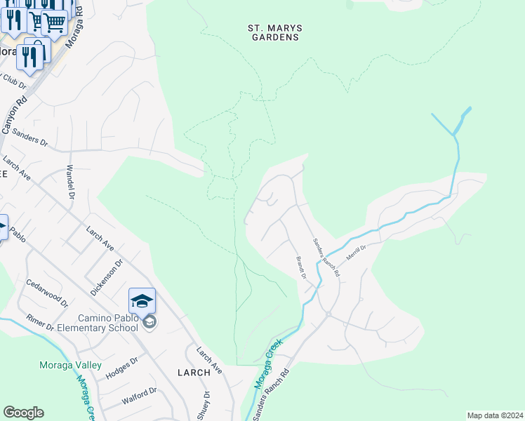 map of restaurants, bars, coffee shops, grocery stores, and more near 3 Peralta Court in Moraga