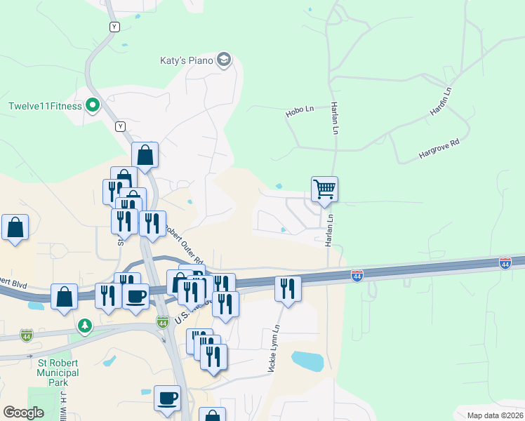 map of restaurants, bars, coffee shops, grocery stores, and more near 16132 Hershey Drive in Saint Robert