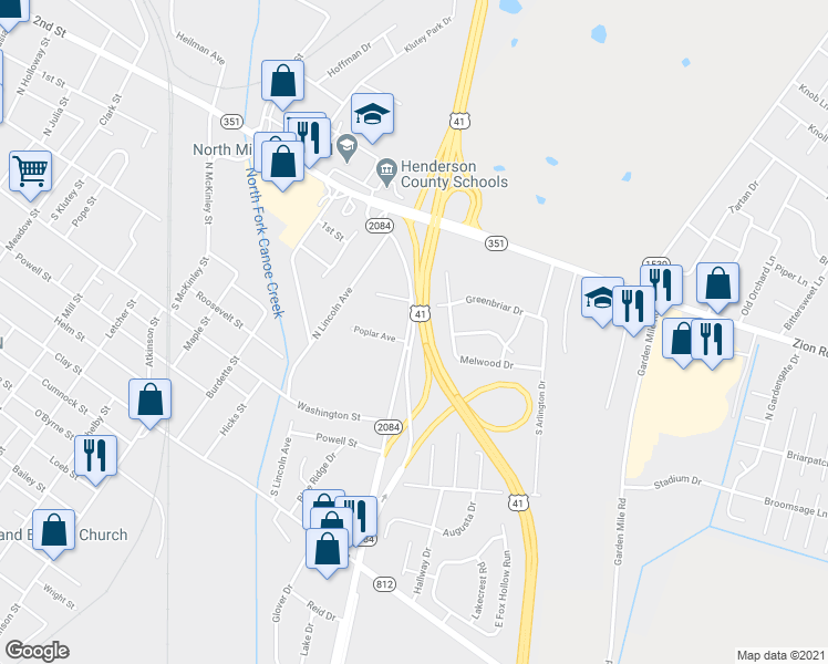 map of restaurants, bars, coffee shops, grocery stores, and more near Ky-2084 Y in Henderson