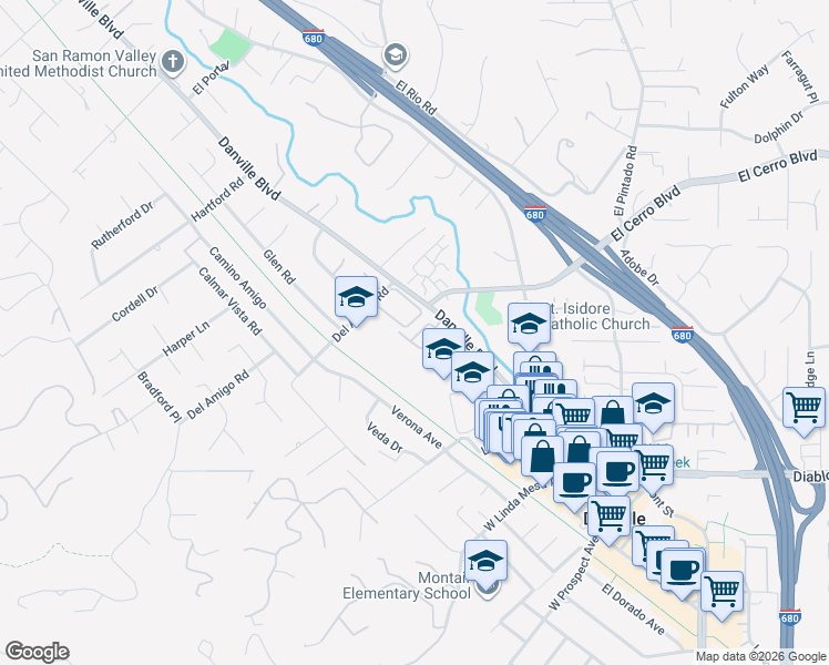 map of restaurants, bars, coffee shops, grocery stores, and more near 28 Danville Oak Place in Danville