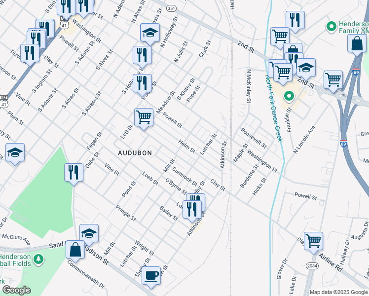 map of restaurants, bars, coffee shops, grocery stores, and more near 1302 Helm Street in Henderson