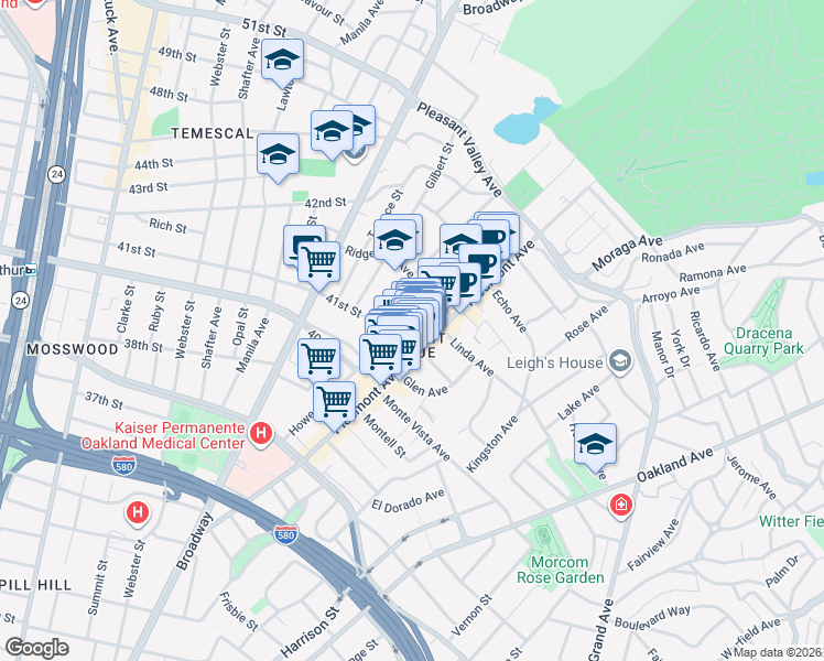 map of restaurants, bars, coffee shops, grocery stores, and more near 4138 Howe Street in Oakland