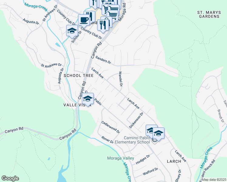 map of restaurants, bars, coffee shops, grocery stores, and more near 1066 Larch Avenue in Moraga