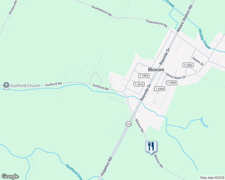 map of restaurants, bars, coffee shops, grocery stores, and more near 25352-25380 Guilford Road in Bloxom