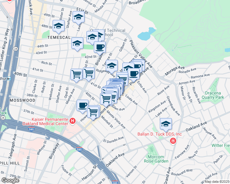 map of restaurants, bars, coffee shops, grocery stores, and more near in Oakland