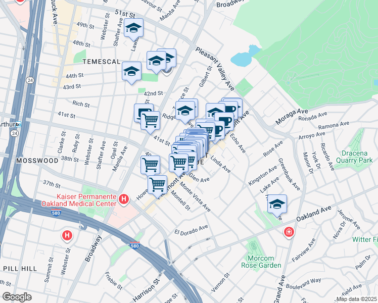 map of restaurants, bars, coffee shops, grocery stores, and more near in Oakland