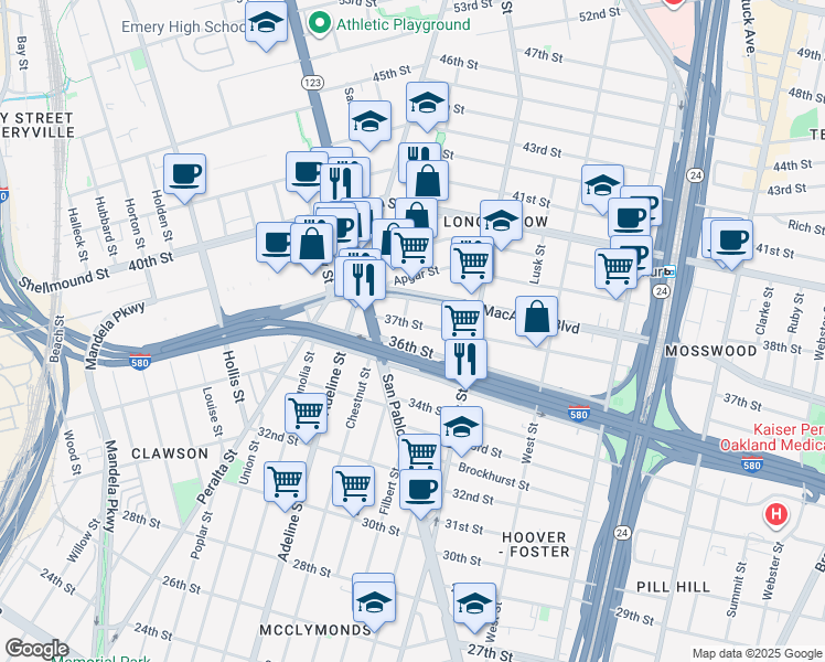 map of restaurants, bars, coffee shops, grocery stores, and more near 996 36th Street in Oakland