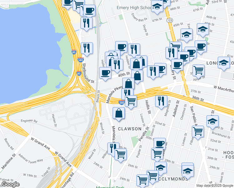 map of restaurants, bars, coffee shops, grocery stores, and more near 3650 Mandela Parkway in Emeryville