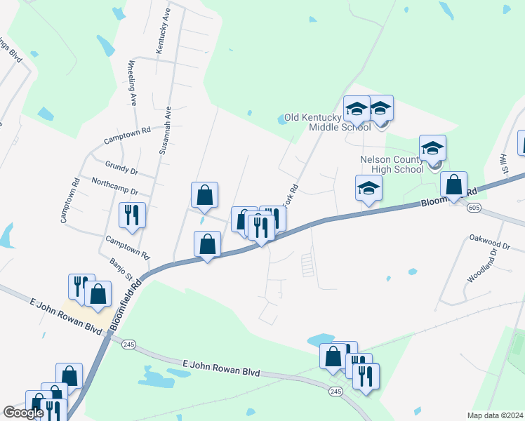 map of restaurants, bars, coffee shops, grocery stores, and more near 170 Hayden Drive in Bardstown