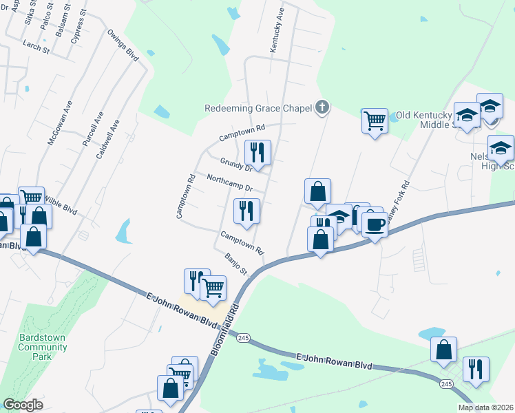 map of restaurants, bars, coffee shops, grocery stores, and more near 115 Susannah Avenue in Bardstown