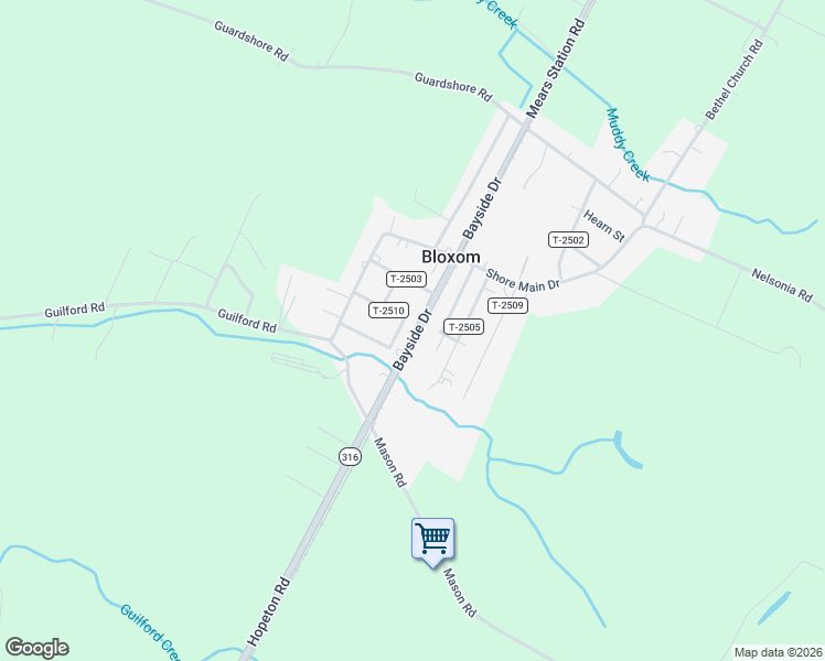 map of restaurants, bars, coffee shops, grocery stores, and more near 26032-26140 Circle Drive in Bloxom