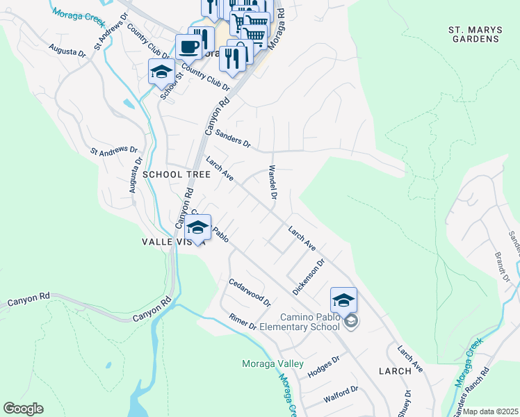 map of restaurants, bars, coffee shops, grocery stores, and more near 1066 Larch Avenue in Moraga