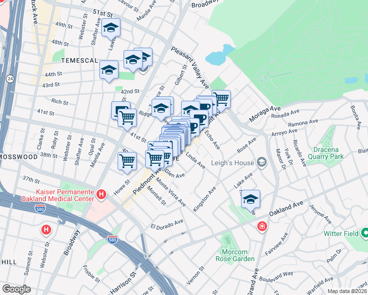 map of restaurants, bars, coffee shops, grocery stores, and more near 4186 Piedmont Avenue in Oakland