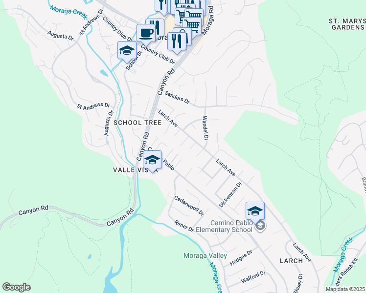 map of restaurants, bars, coffee shops, grocery stores, and more near 3 Barnes Court in Moraga