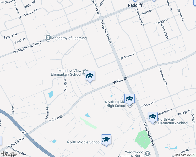 map of restaurants, bars, coffee shops, grocery stores, and more near 1201 West Vine Street in Radcliff