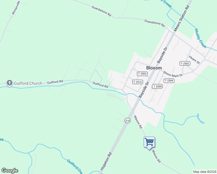 map of restaurants, bars, coffee shops, grocery stores, and more near 25352 Guilford Road in Bloxom