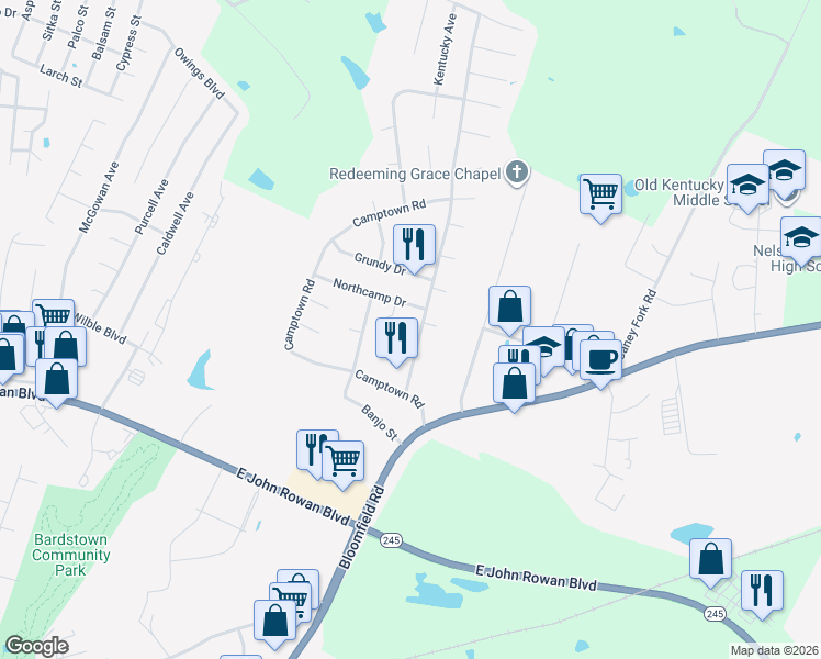 map of restaurants, bars, coffee shops, grocery stores, and more near 115 Susannah Avenue in Bardstown