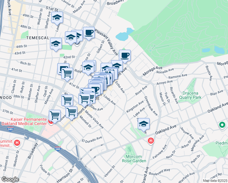 map of restaurants, bars, coffee shops, grocery stores, and more near 57 Entrada Avenue in Oakland