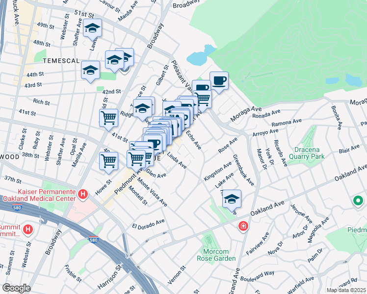 map of restaurants, bars, coffee shops, grocery stores, and more near 57 Entrada Avenue in Oakland
